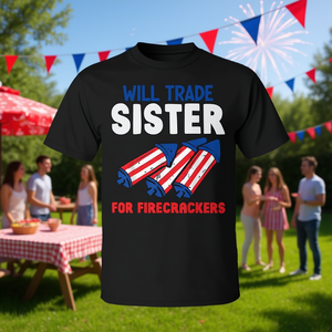 Maglietta Promozionale per il 4 Luglio con Design 'Sostituisco la Sorella con Petardi' - Product Image 3