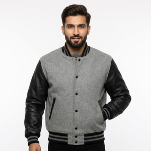 Men's High Street Style <b>Long</b> Sleeve College <b>Jacket</b> with Real <b>Leather</b> Front Breathable Wool Custom Logo-for Summer and Winter - Product Image 1