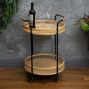 Chariot de cuisine en bambou et rotin fait main, 2 niveaux, étagère de rangement alimentaire écologique avec 4 roues pour salon - Product Image 5