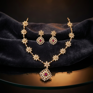 Premium Matt Finish CZ Floral Necklace Earrings <b>Set</b> Gold Plated Bridal Wedding Party Wear Third Party Certified Artificial - Product Image 2