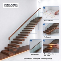 Escalier droit sur mesure avec marches en bois à montantes ouvertes, balustrade en verre sans cadre, bande lumineuse LED, pour appartement, villa, hôtel