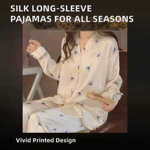 Pyjama long en soie 100 % pour femme, taille élastique, doux et respirant, idéal pour la maison au printemps et en été - Product Image 2