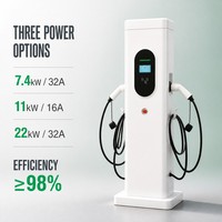 Chargeur de véhicule électrique monophasé triphasé 220V 380V 44kW à double prise, sur pied, type 2, avec câble de 2,5 m, énergie intelligente