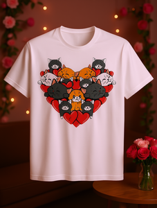 T-shirt da donna con stampa gatto a cuore, simpatico gattino di San Valentino, manica corta, girocollo, 100% cotone jersey, primavera estate - Product Image 2
