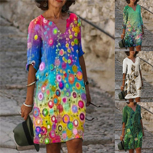 Vestido midi con estampado floral y cuello en V, transpirable, informal, para uso diario - Product Image 1