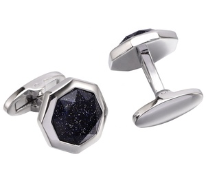 Boutons de manchette hexagonaux personnalisés en pierre d'or bleue, motif étoile galaxie argentée, en pierres semi-précieuses, pour hommes, formels, marque privée, OEM, ODM - Product Image 3