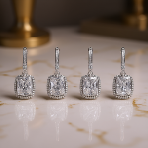 Boucles d'oreilles pendantes en or blanc E3902, serties de cristaux et de strass, monture géométrique, bijoux de mariage classiques pour femmes - Product Image 2