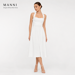 Robe midi blanche à col halter pour <span class=keywords><strong>femme</strong></span>, col carré, coupe évasée, élégante, pour invitées de mariage, fiançailles, cocktail, fabricants de vêtements asiatiques - Product Image 1