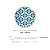 Sous-verre en céramique rond de 10,8 cm, motif carreaux floraux turquoise et jaunes, impression UV émaillée, base en liège, pour décoration de table basse, cadeau