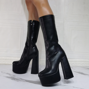 Black Women Round Toe Chunky Heels Under the Knee <b>Boots</b> With Zipper High Platform Women Summer Dress Half Knee High <b>Boots</b> Pumps - Product Image 2