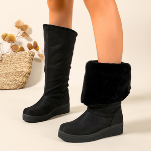Bottes mi-mollet noires en suède pour femme avec revers en fausse fourrure, talon compensé plateforme, style décontracté, semelle extérieure TPR, confortables et chaudes, pour l'hiver et la mode - Product Image 1