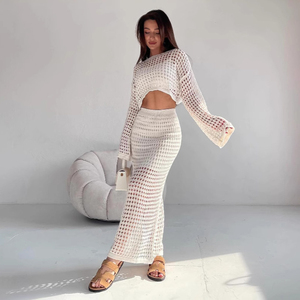 Nouveau design ensemble de printemps tempérament féminin tricoté <span class=keywords><strong>creux</strong></span> demi-<span class=keywords><strong>corps</strong></span> jupe longue décontracté solide transparent ensemble de deux pièces - Product Image 2
