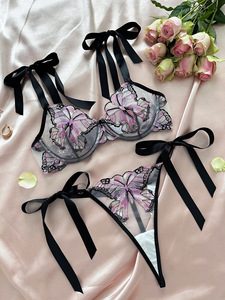 Sexy Butterfly Embroidery Lingerie Set Sheer Mesh Underwire <b>Bra</b> and Tie <b>Straps</b> Thong Set Women Lace Intimates 2 Piece Set - Product Image 2