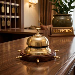 Campana de llamada de latón con base de timón de barco de madera, campana decorativa náutica marítima de sobremesa para recepción de hotel - Product Image 3