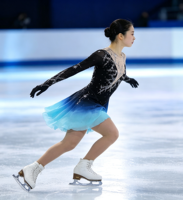Robe de patinage artistique à manches longues, dégradé noir-cyan, dos en V profond en maille, jupe ornée de strass, pour filles et adultes, compétition et performance