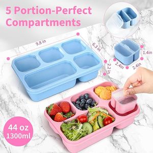 Snack Box Containers Bento Wheat Lunch Box para adultos y niños 5 Compartimentos Adulto Lunchable Containers con utensilios, tarro de salsa - Product Image 4