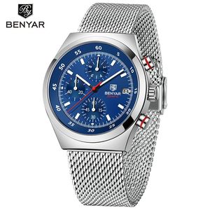 นาฬิกาโครโนกราฟ Benyar หน้าปัดสีน้ำเงิน สายสแตนเลสสตีลแบบตาข่าย แสดงวันที่ เรืองแสง นาฬิกาควอตซ์สำหรับผู้ชาย - Product Image 1