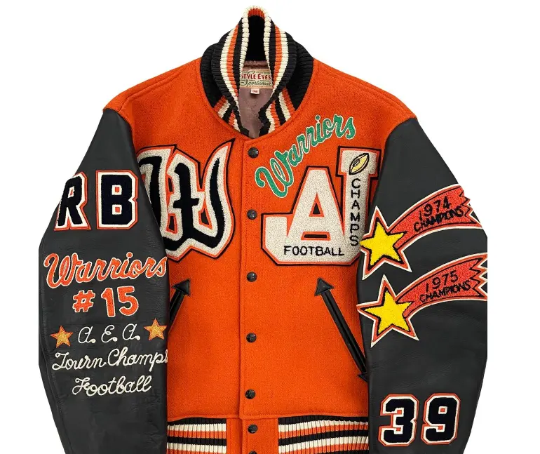 Custom Wollen Honkbal Mode College Jack Katoenen Gewatteerde Honkbal Leren Mouwen Oranje Leren Jas Varsity Jack