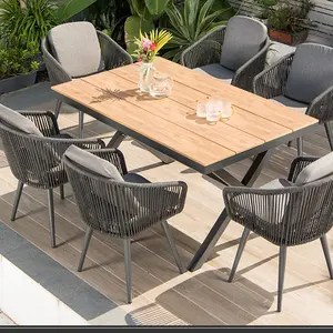 Ultra modern moda açık hava mobilya seti veranda bahçe halat sandalye rattan ahşap modern otel açık ev mobilyaları yemek masası