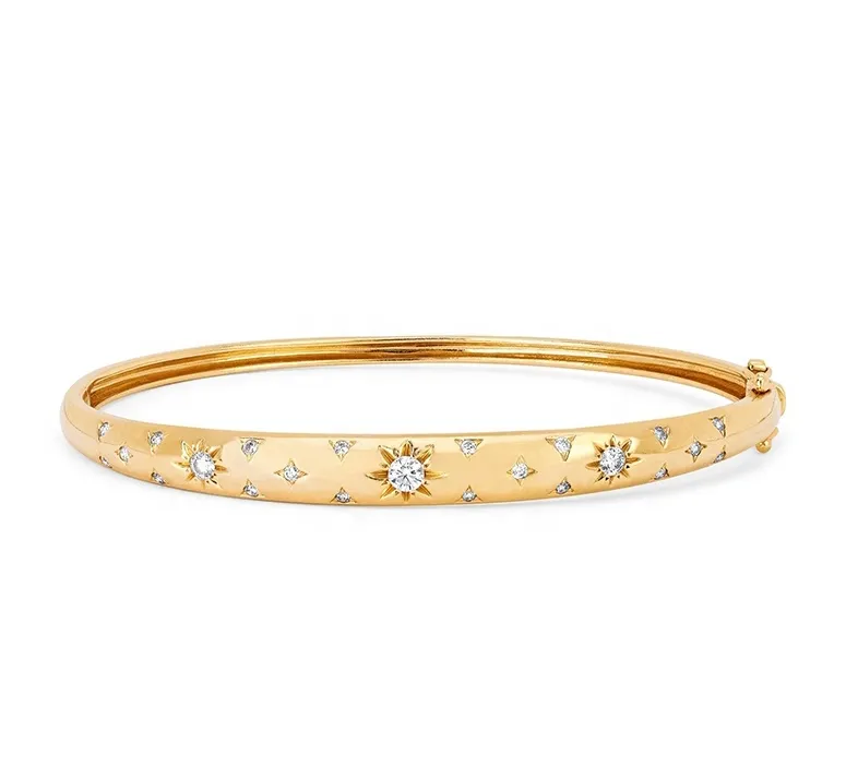 starry star starburst design signet Gold bangle bracelet for women fashion white blue CZs