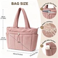 Sac à bandoulière en velours côtelé polyester, grand sac fourre-tout pour ordinateur portable 15 pouces, doux, matelassé, imperméable, léger, avec fermeture éclair, pour voyage et travail