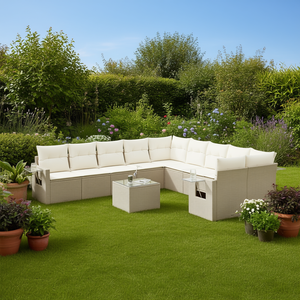 Conjunto de Sofá de Jardín de Ratán Beige con Estructura de Acero y Vidrio Templado, Muebles de Exterior de Diseño Contemporáneo para 6 Personas - Product Image 2