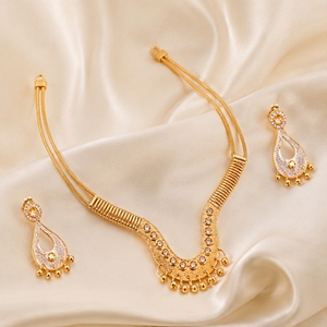 925 <b>Silver</b> Italian Gold <b>Choker</b> Necklace Set with Matching Drop Earrings Drop Design for Women Wedding Jewelry - Product Image 2
