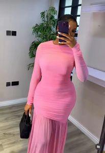 Abito africano plissettato Plus Size a vita alta da donna nuovo a <span class=keywords><strong>maniche</strong></span> <span class=keywords><strong>lunghe</strong></span> in pizzo tinta unita satinato con motivo floreale ricamato - Product Image 4