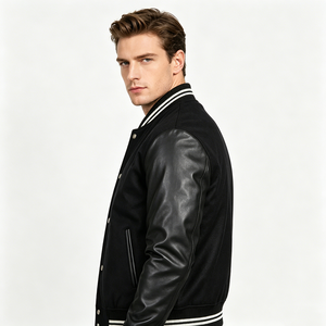 Veste universitaire classique personnalisée pour homme, veste bomber de baseball streetwear unie avec manches en similicuir et poignets rayés - Product Image 2