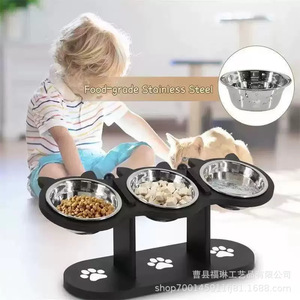 Pet Bowl Rack With Three Stainless Steel Bowls Elevated <b>Feeder</b> For <b>Cat</b> Black Color - Product Image 3