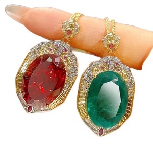 Vintage Jewelry Eco-friendly Copper Gold Plated 18*25MM Oval Shape <b>Emerald</b> Zircon <b>Pendant</b> Necklace for Evening Banquet Wear Tu - Product Image 2