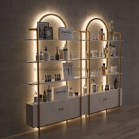 Lemari Pajang Produk Salon Kecantikan, Rak Pajang Emas untuk Toko Kosmetik, Rak Pajang Kosmetik LED