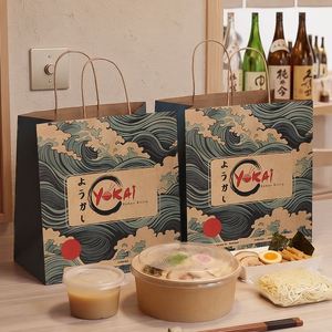 Sacs en papier kraft biodégradables, recyclables, écologiques, imprimés sur mesure, avec poignées, pour la vente à emporter de nourriture japonaise - Product Image 3
