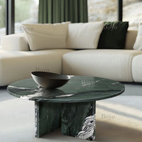 Tables basses rondes en marbre vert, style antique français, avec base cannelée en pierre naturelle