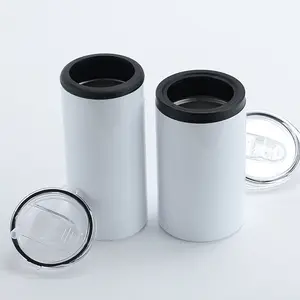Custom stainless steel white sublimation blanks can cooler Insulated vacuum skinny can cooler 12oz slim color can with two lids