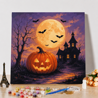 Y-041 Kit de Peinture par Numéros DIY Citrouille d'Halloween, Lune et Maison Hantée – Peinture à l'Huile sur Toile – Décoration Murale pour la Maison