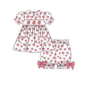 Puresun Children Smocking Clothes Boutique Summer Kids Cotton Pajamas Baby Girls Strawberry Dress Outfits