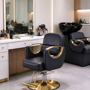 Juego de Muebles de Salón de Belleza de Lujo en Metal y Cuero, Silla de Barbería, Cama para Lavado de Cabello, Diseño Ergonómico, Rotación de 360 Grados - Product Image 3