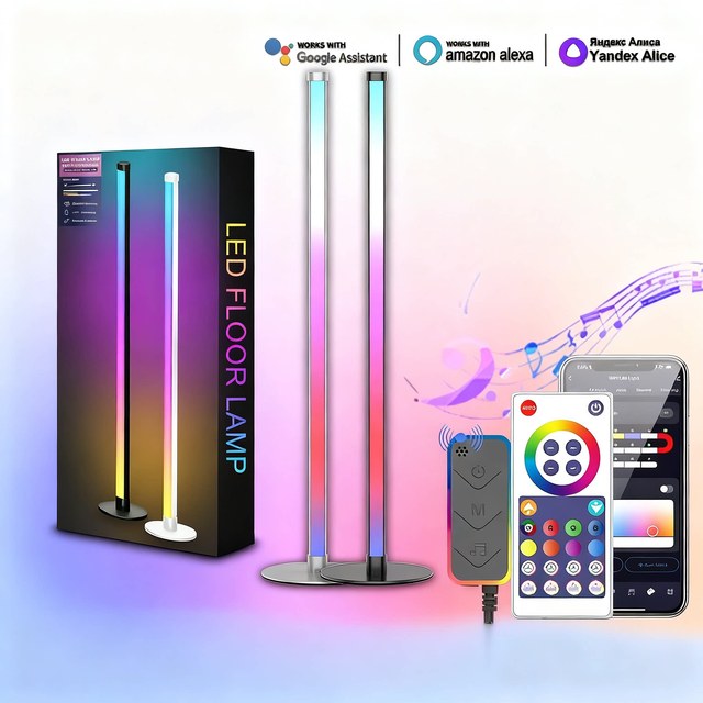 RGB LED Corner Floor Lamp with Music Sync Smart App and Remote Control Color Changing Ambience Light for Bedroom Living Room