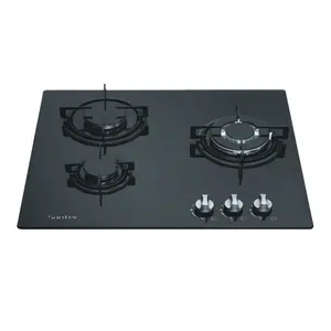 3 burners built-in tempered glass gas hob with curved enamel pan support