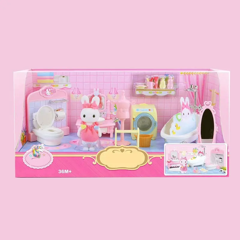 บ้านตุ๊กตากระต่ายน่ารักในห้องน้ำตุ๊กตาฉากของเล่นตุ๊กตาเล่นเกม