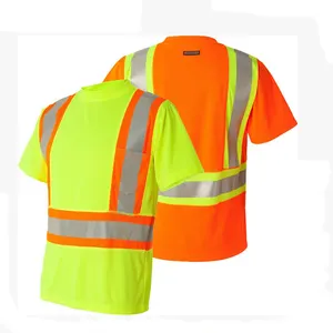 Hoge Zichtbaarheid Reflecterende Veiligheid T-Shirt Custom Logo Constructie Hi Vis Werk Shirts Droog Lange Mouwen Heren T-Shirts Met Zakken