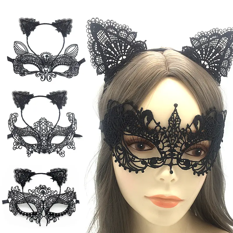 2023 Schieten Rekwisieten Halloween Feest Sexy Zwart Kanten Haarband Half Gezicht Feestmasker Vrouwelijke Make-Up Dans Grappige Half Gezichtsmasker Set