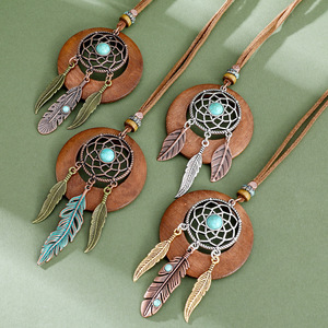 Bohemian Dreamcatcher Pendant Necklace With Turquoise Stone Feather Design Long <b>Chain</b> Women's Fashion Jewelry - Product Image 3