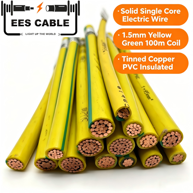 Solid Single Core Electric Wire Cable 1.5mm Yellow Green 100m for Building Use Tinned Copper PVC Insulated 600V
