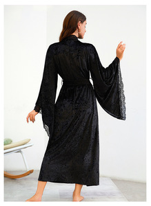 Jubah mandi beludru panjang wanita, pakaian tidur nyaman lembut dengan lengan panjang dan sabuk seksi untuk pengantin warna polos - Product Image 6