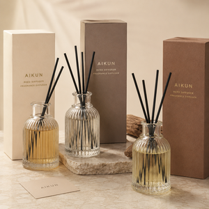Aikun Ribbed Clear Glass Gift Box Liquid Filled Reed Diffuser Set with Black Fiber Sticks Mild Aroma for <b>Home</b> Decor Display - Product Image 2