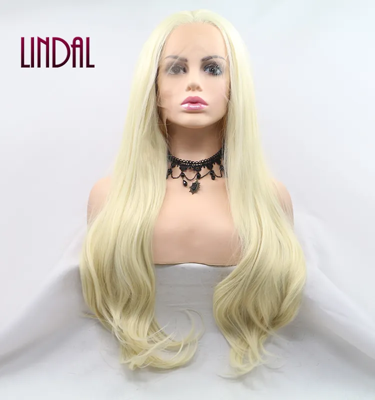 LINDAL613ブロンドウェーブレースフロントウィッグ耐熱合成ライトブロンドヘアウィッグコスプレパーティーハロウィーン24インチ