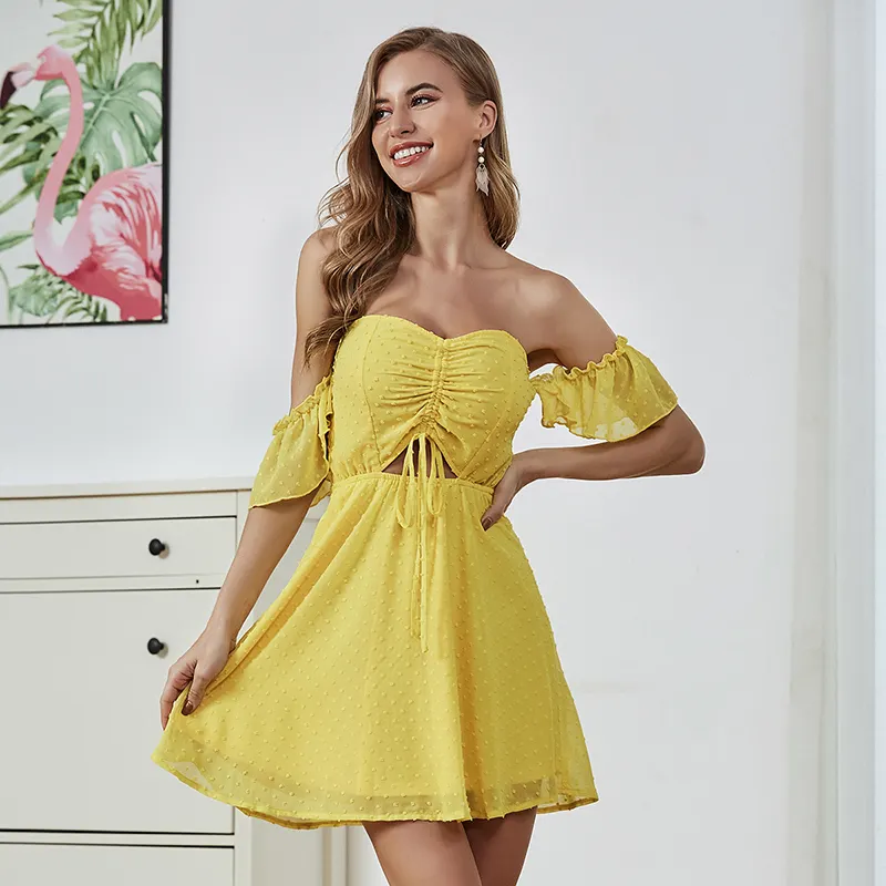 Weixin Oem Personalizado Mulheres Verão Vestido de Renda Preta Senhoras Amarelo Os Novos Vestidos Mulheres Vestido de Festa