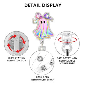 Badge rétractable OEM/ODM Anime Halloween – Porte-badge d'identification amusant et mignon avec breloque fantôme et nœud – Designs en acrylique, dessin animé effrayant - Product Image 3